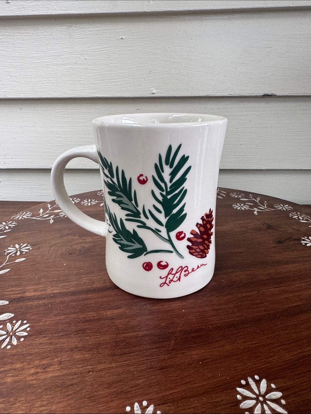 L.L. Bean White Mug with Green Pine Sprigs and Red Pinecone Accents